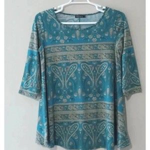 Women's Veranee Teal and Tan Paisley Print Long Sleeve Pullover Top  Size Large